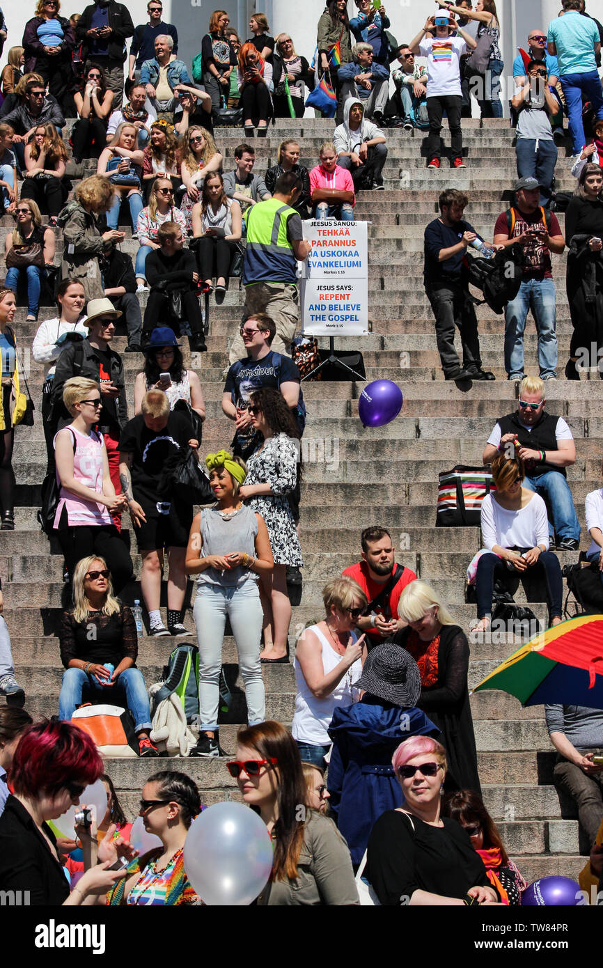 Gathering on Senate Square before Helsinki Pride Parade 2015 Stock Photo
