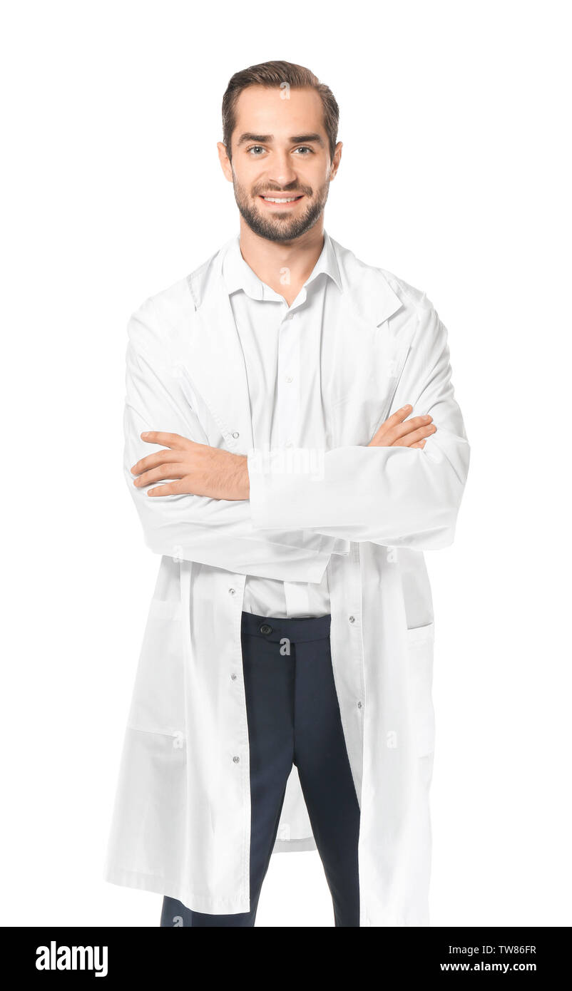 Young pharmacist on white background Stock Photo