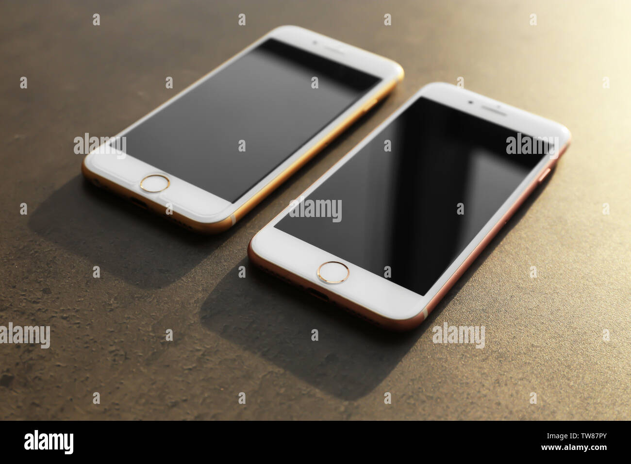 Kiev Ukraine October 19 17 Iphone 7 Rose Gold And Iphone 6s Gold On Grey Background Stock Photo Alamy