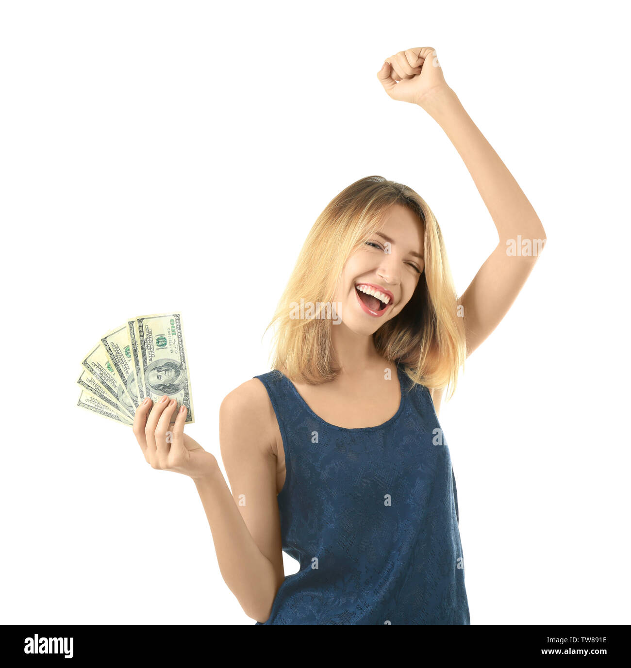 Happy young woman with dollar banknotes on white background Stock Photo ...