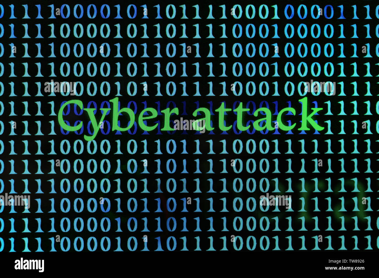 Words 'Cyber attack' with binary code on screen Stock Photo