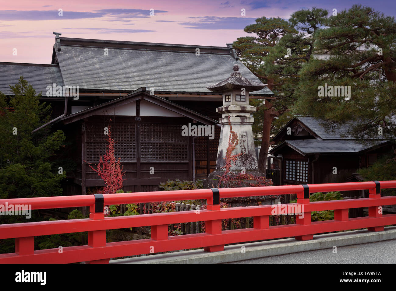 Hie Shinto Shrine and a red bridge artistic sunset scenery in Takayama, Gifu, Japan Stock Photo