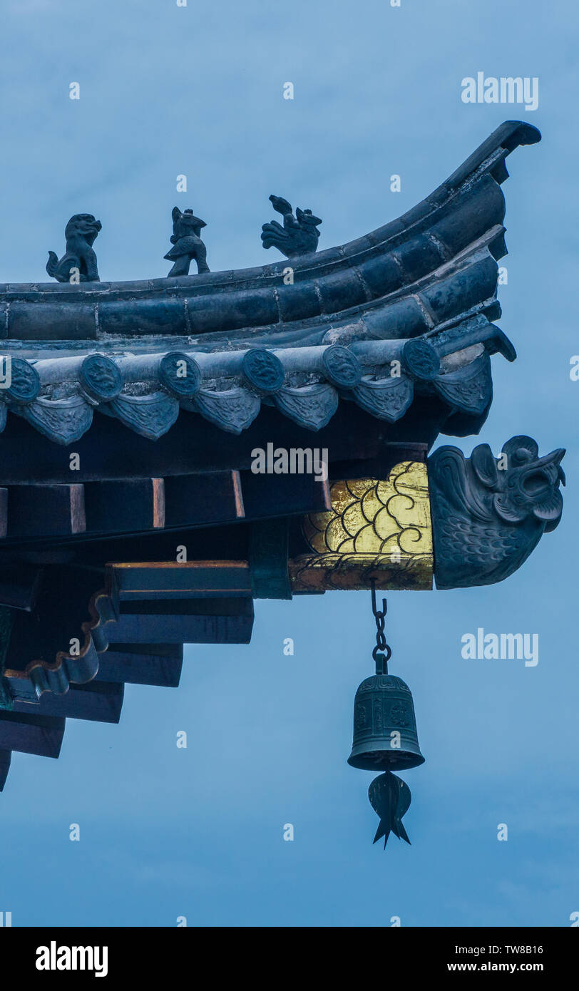 In the morning light, Xi'an Da Cien Temple is full of traditional Chinese style, ink, Zen temple eaves and wind bells. Stock Photo
