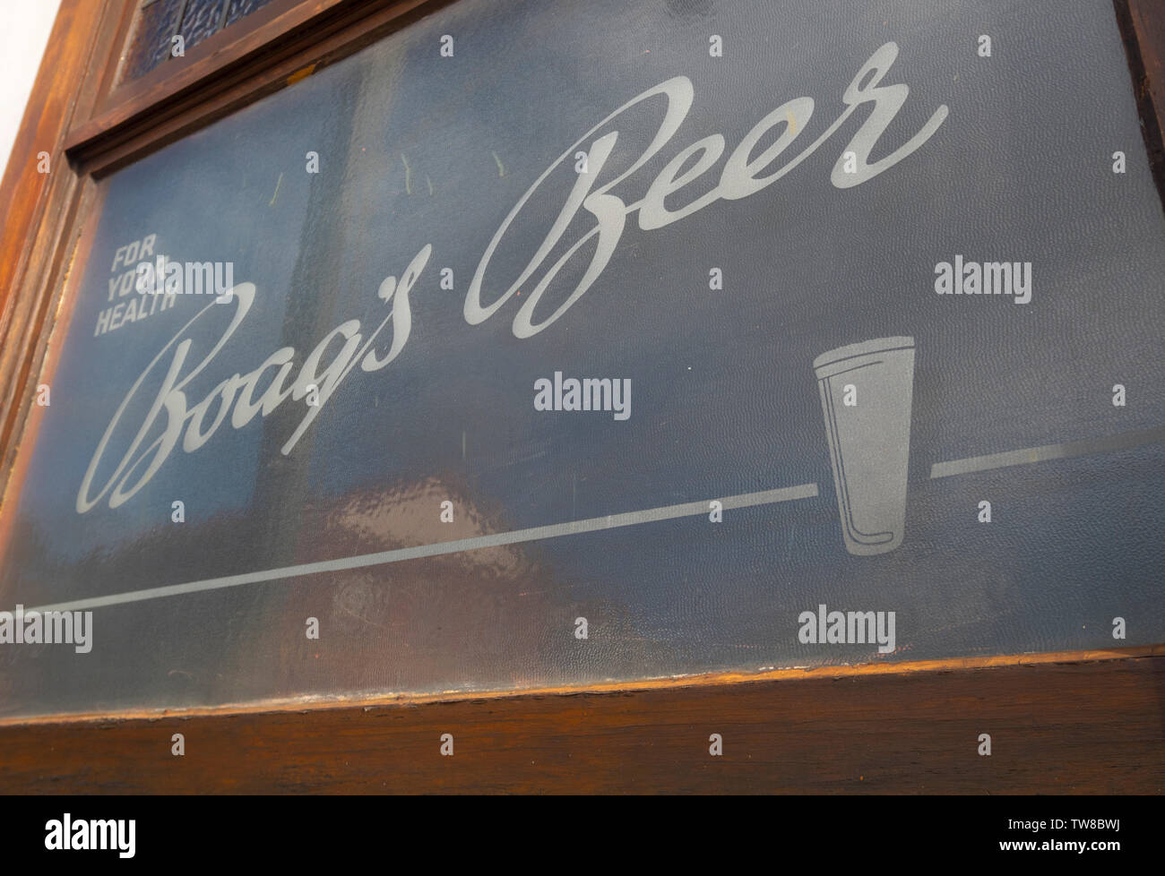 Boag's beer advertisement on a hotel window at Launceston in Tasmania, Australia. Stock Photo