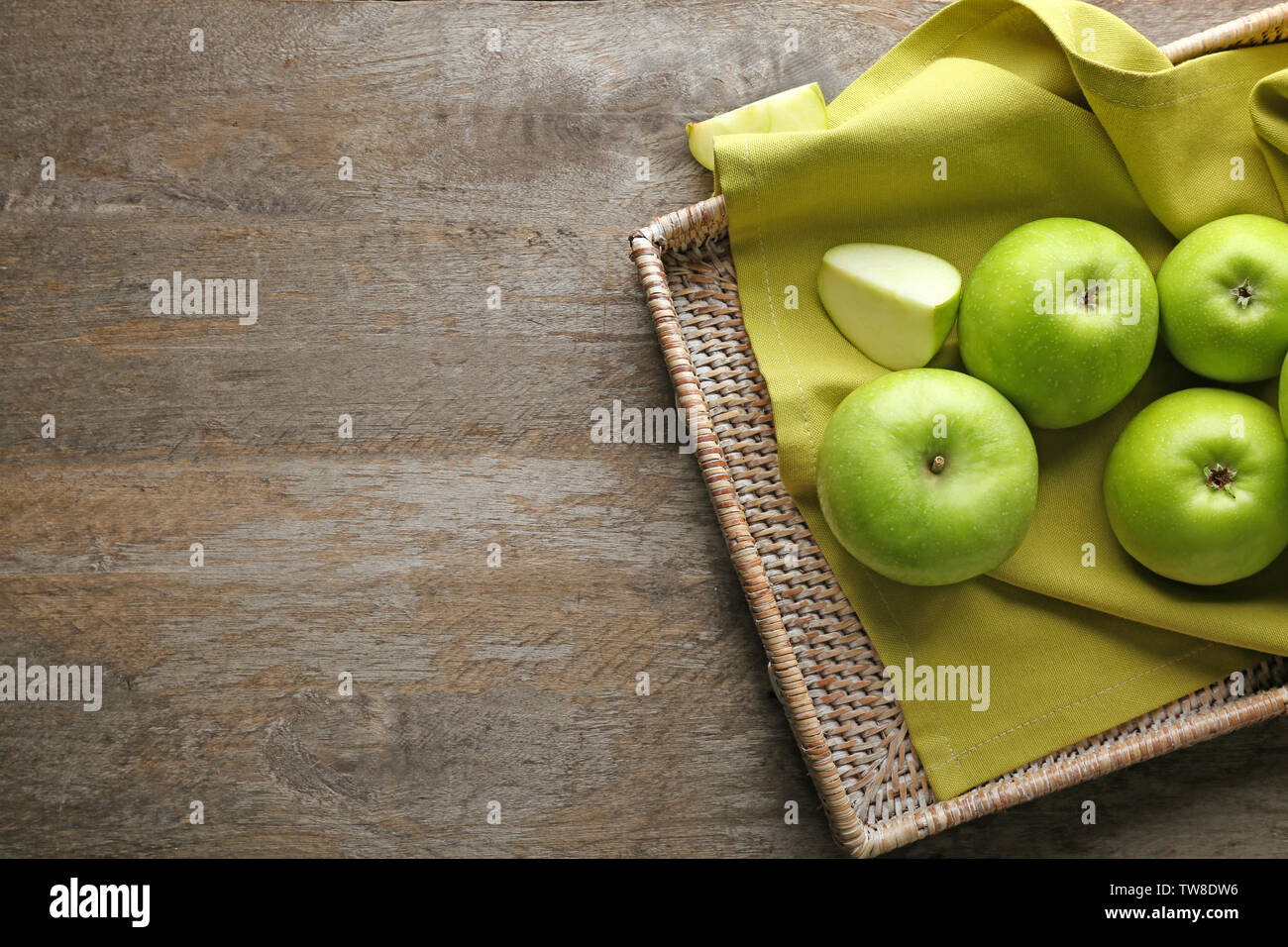 Download Tray With Fresh Green Apples On Wooden Background Stock Photo Alamy PSD Mockup Templates