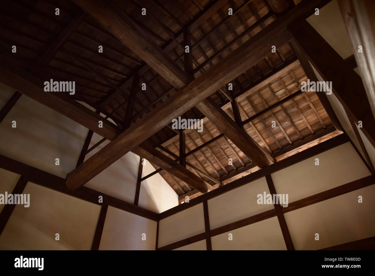 Traditional Japanese Edo period building interior, architectural closeup detail of roofing wooden beams and joints fire treated with Shou Sugi Ban Stock Photo