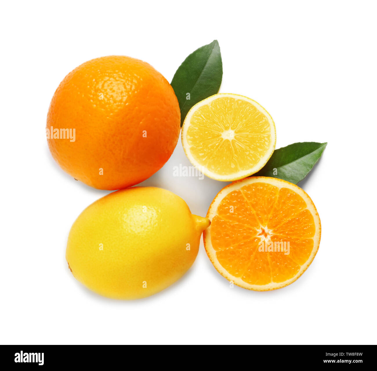 Composition with ripe lemons and oranges on white background Stock Photo
