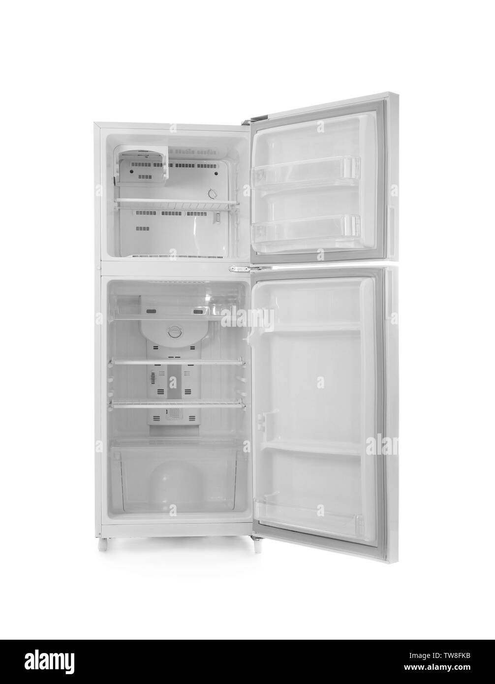 Empty refrigerator on white background Stock Photo
