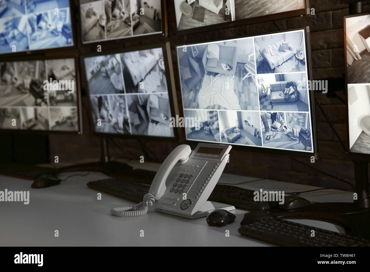 Workplace of security guard at night Stock Photo