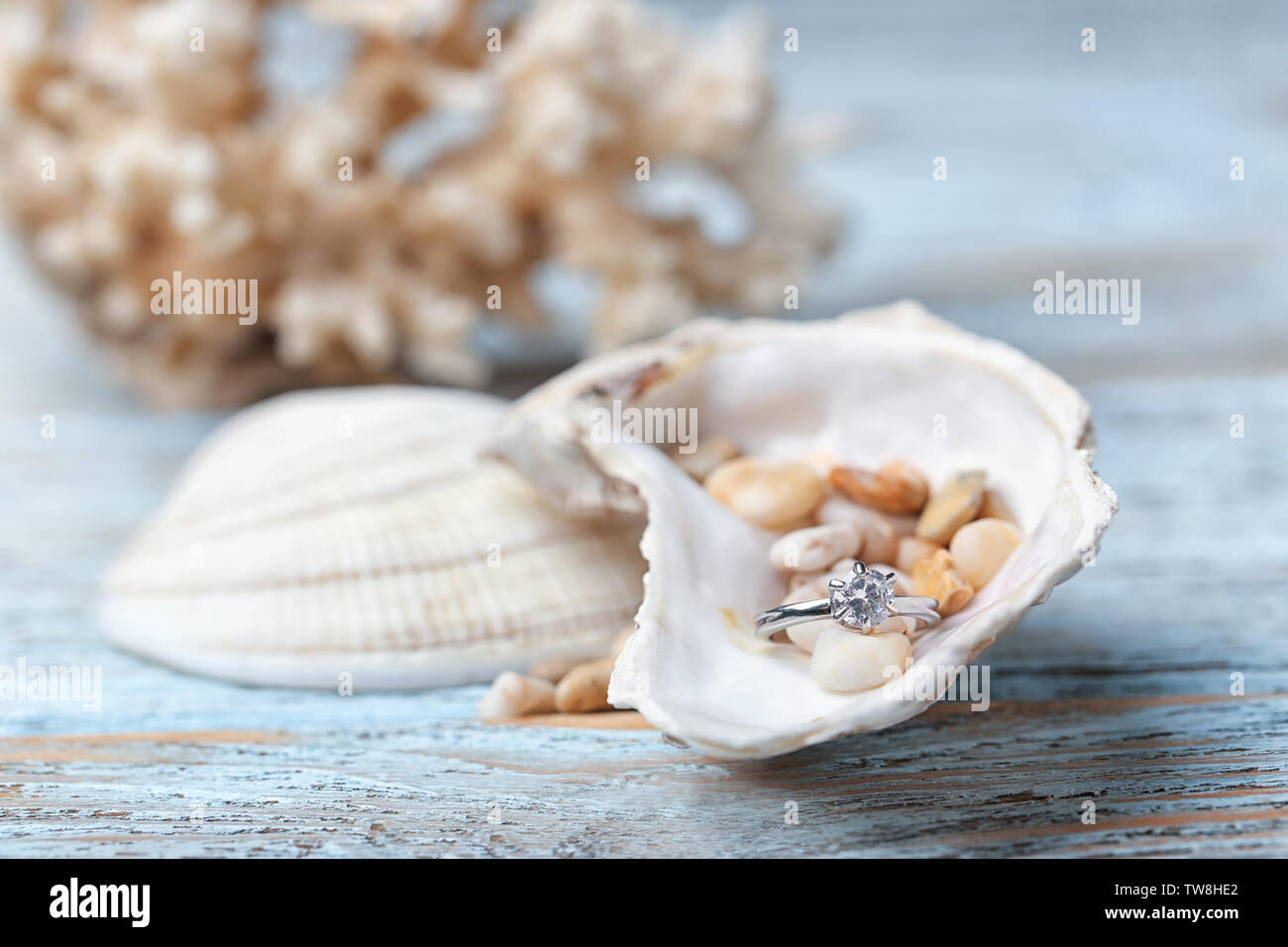 Engagement ring and pebbles in seashell, closeup Stock Photo Alamy