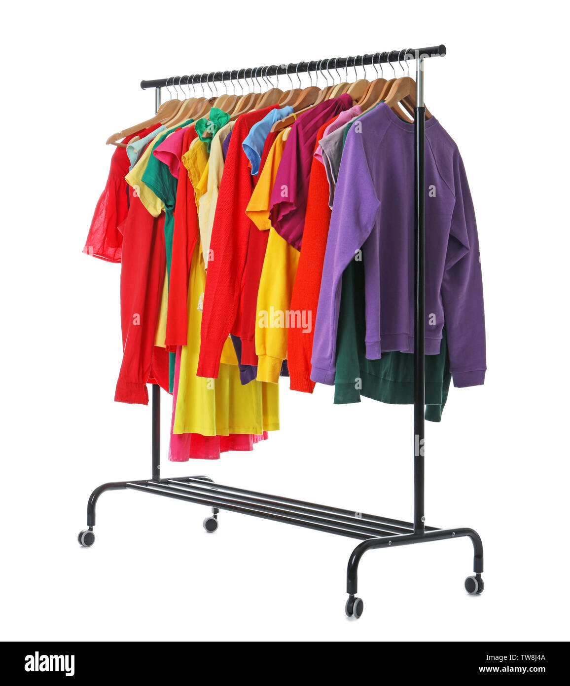 Rainbow clothes on rack, isolated on white Stock Photo - Alamy