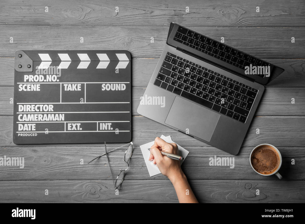 Female scriptwriter working at table, top view Stock Photo - Alamy