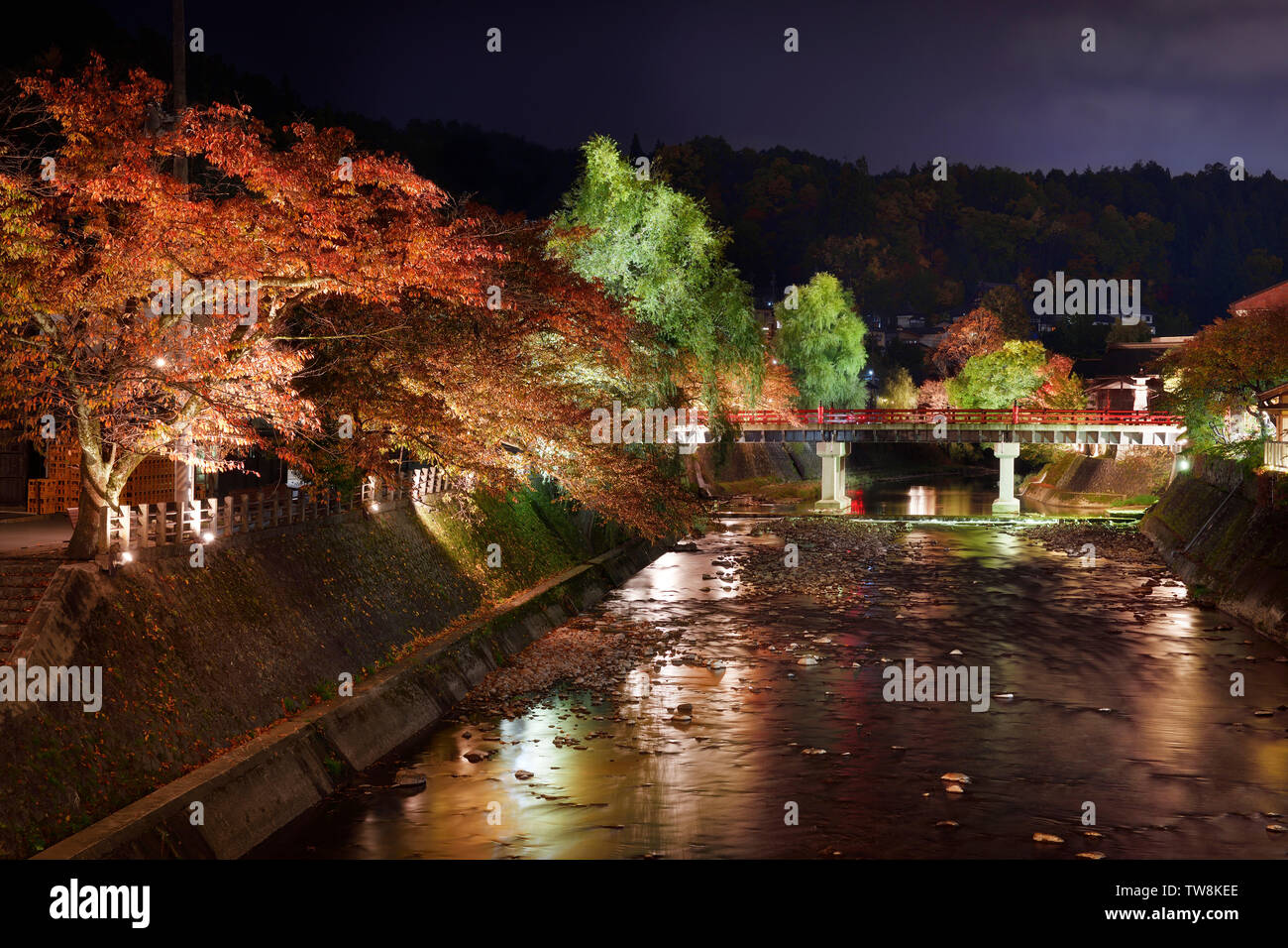 Nighttime autumn scenery of Miyagawa river in Takayama city with illuminated colorful red and green trees along the banks and red Nakahashi bridge Stock Photo