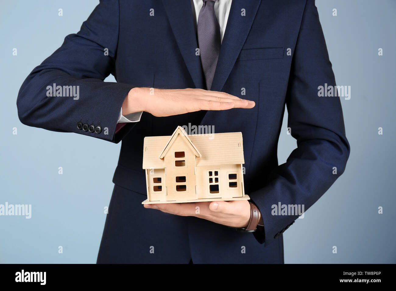 Real estate agent holding house model on grey background Stock Photo ...