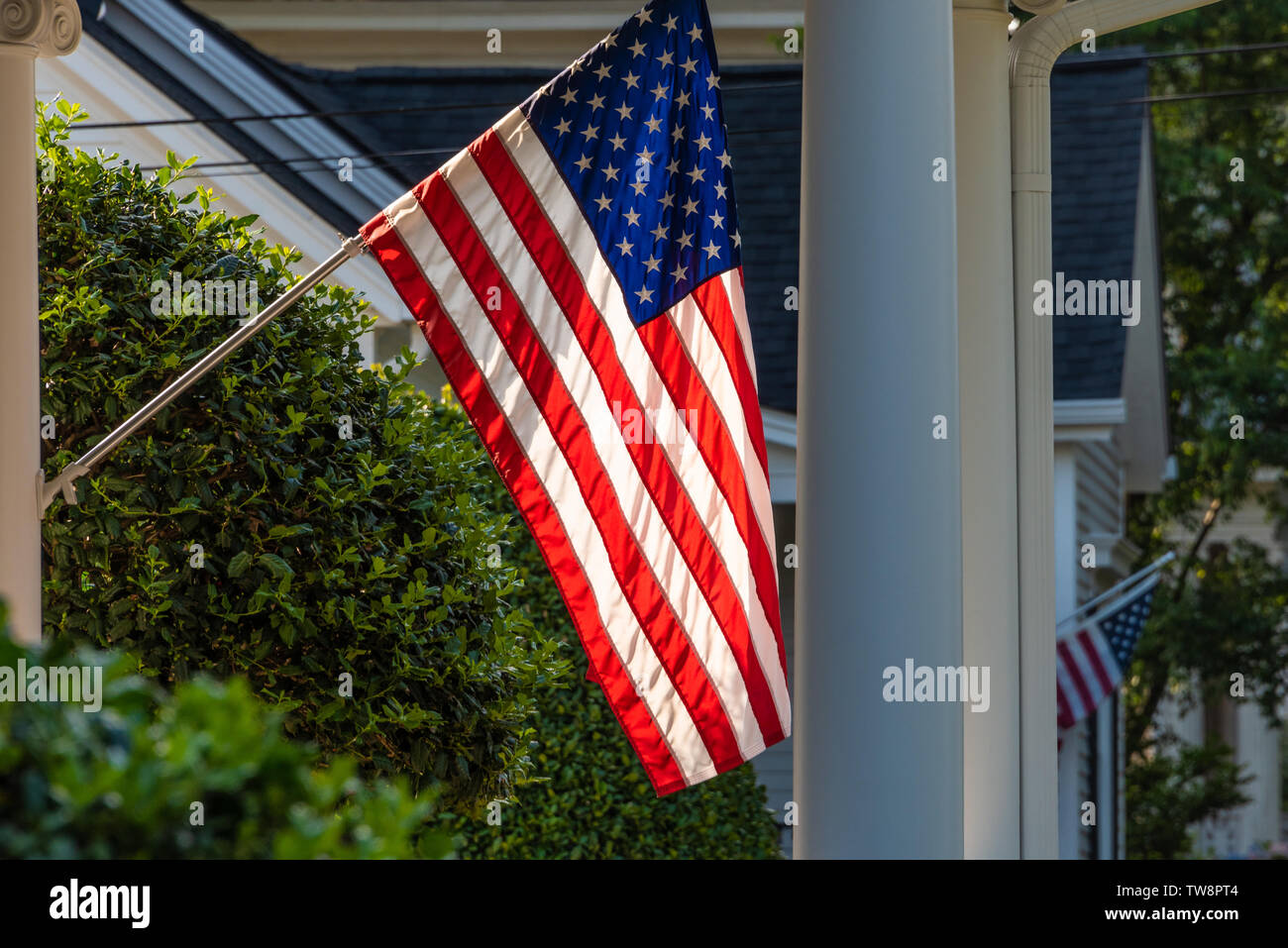 Porch flags on historic Green Street in Gainesville, Georgia. (USA) Stock Photo