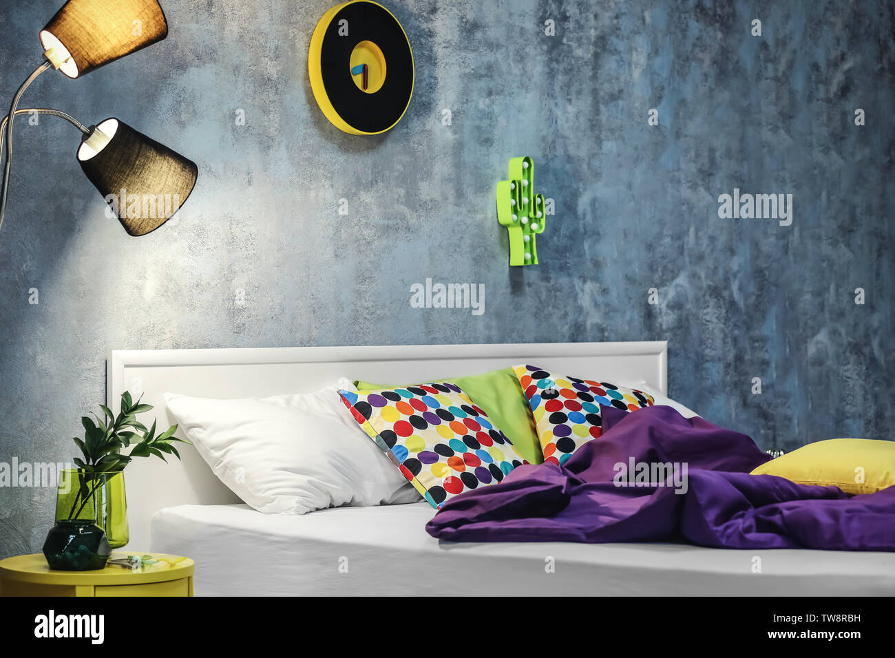Modern bedroom interior with comfortable bed Stock Photo Alamy