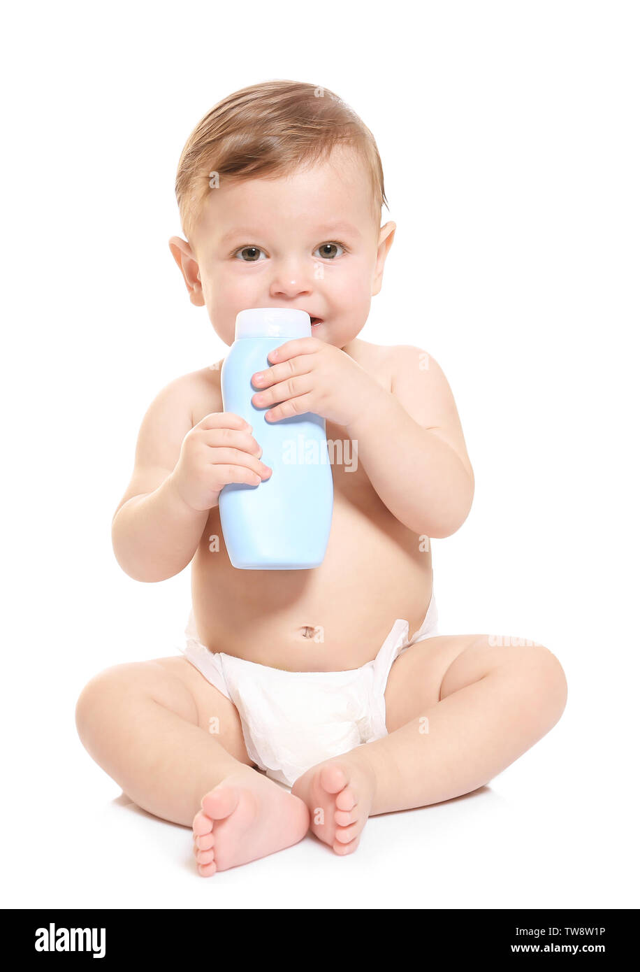 Cute baby with bottle of body cream on white background Stock Photo Alamy