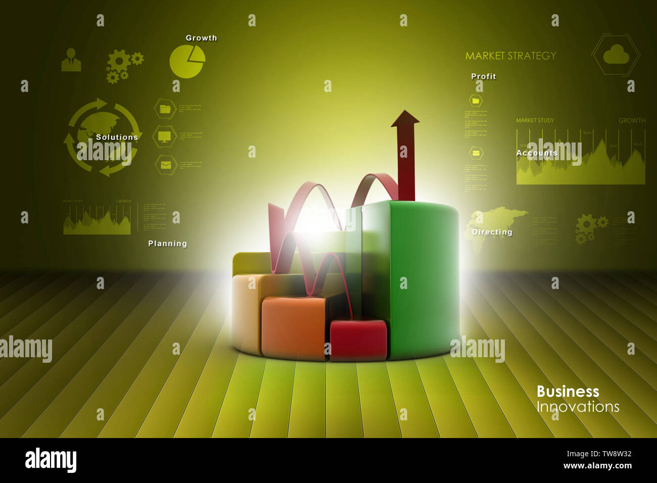 finance pie and bar chart graphs with growing arrow Stock Photo - Alamy