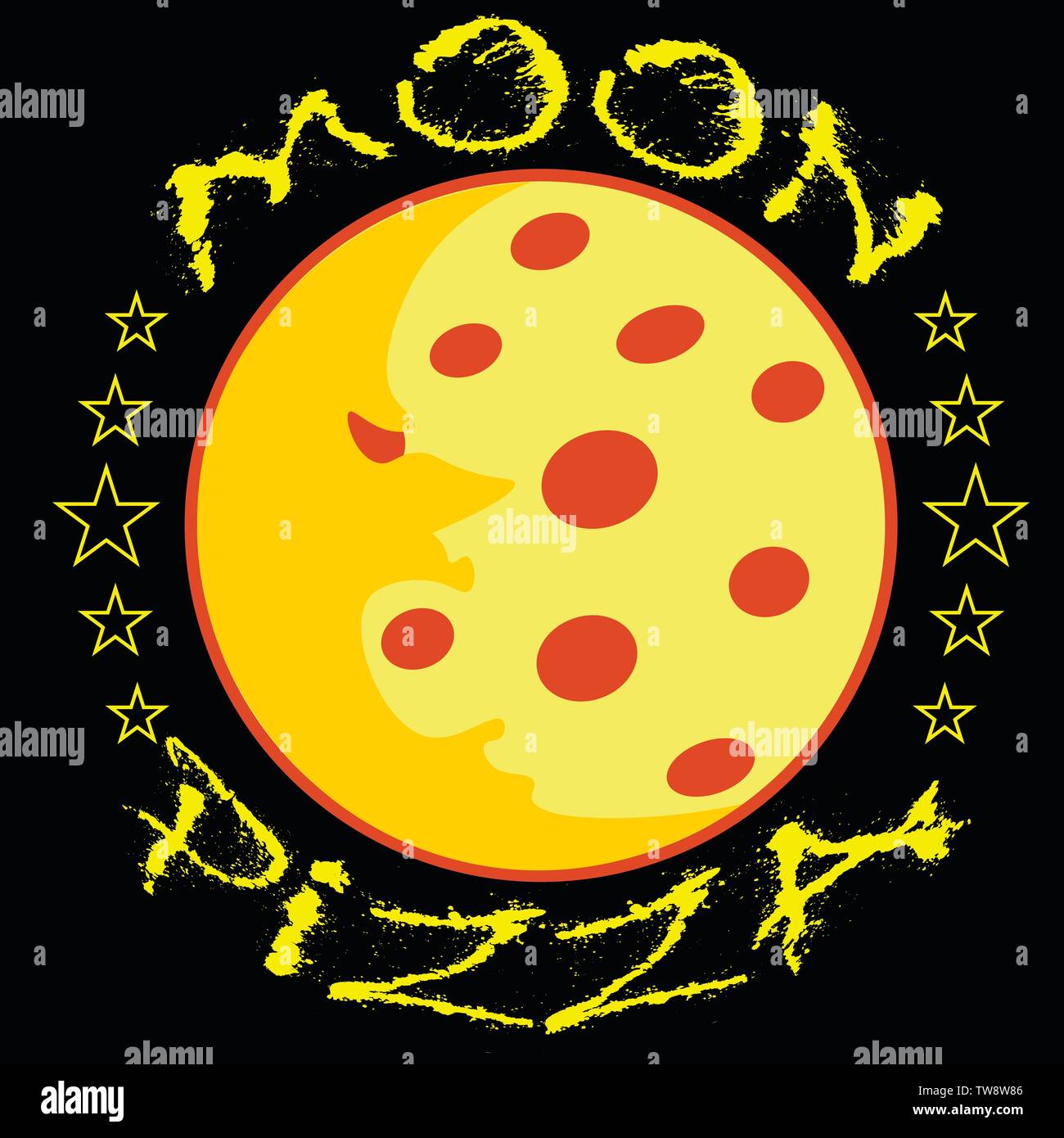 moon pizza logo or sticker on black background with face Stock Vector ...