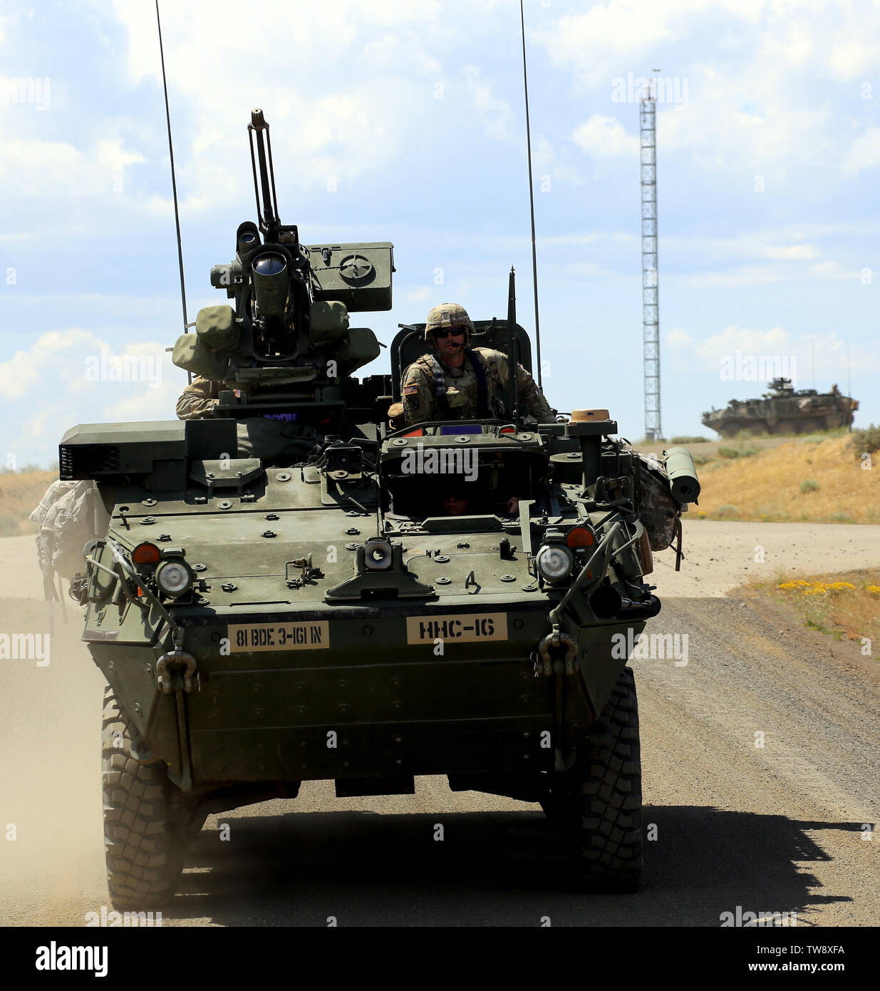A Stryker from HHC, 3rd Battalion, 161st Infantry Regiment, makes its way to the range duringa platoon live fire exercise at Yakima Training Center. The 3-161 Infantry are participating in Bayonet Focus as a lead up to an NTC rotation next year. Stock Photo