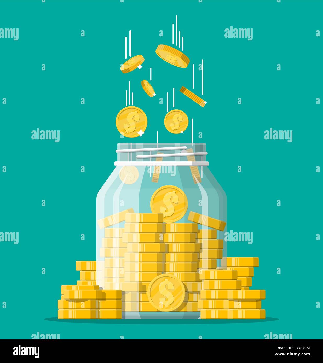 Glass money jar full of gold coins. Stock Vector