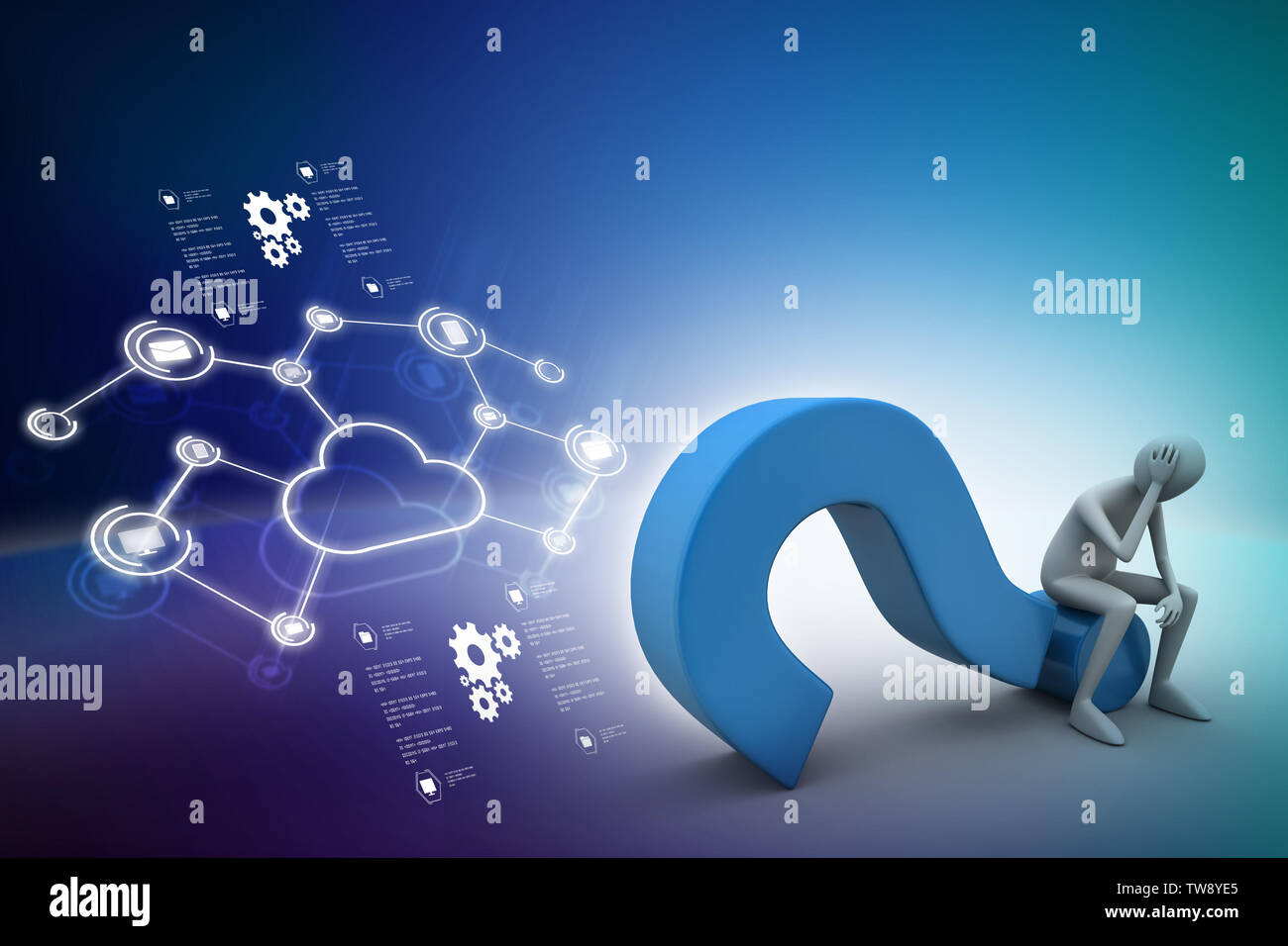 3d man sitting on the question mark Stock Photo - Alamy