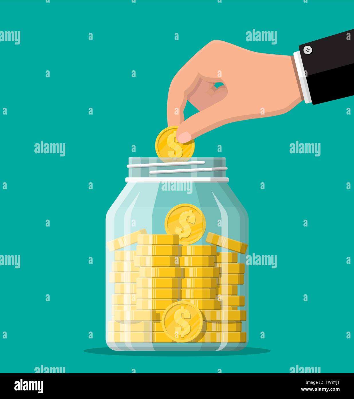 Glass money jar full of gold coins and hand. Stock Vector