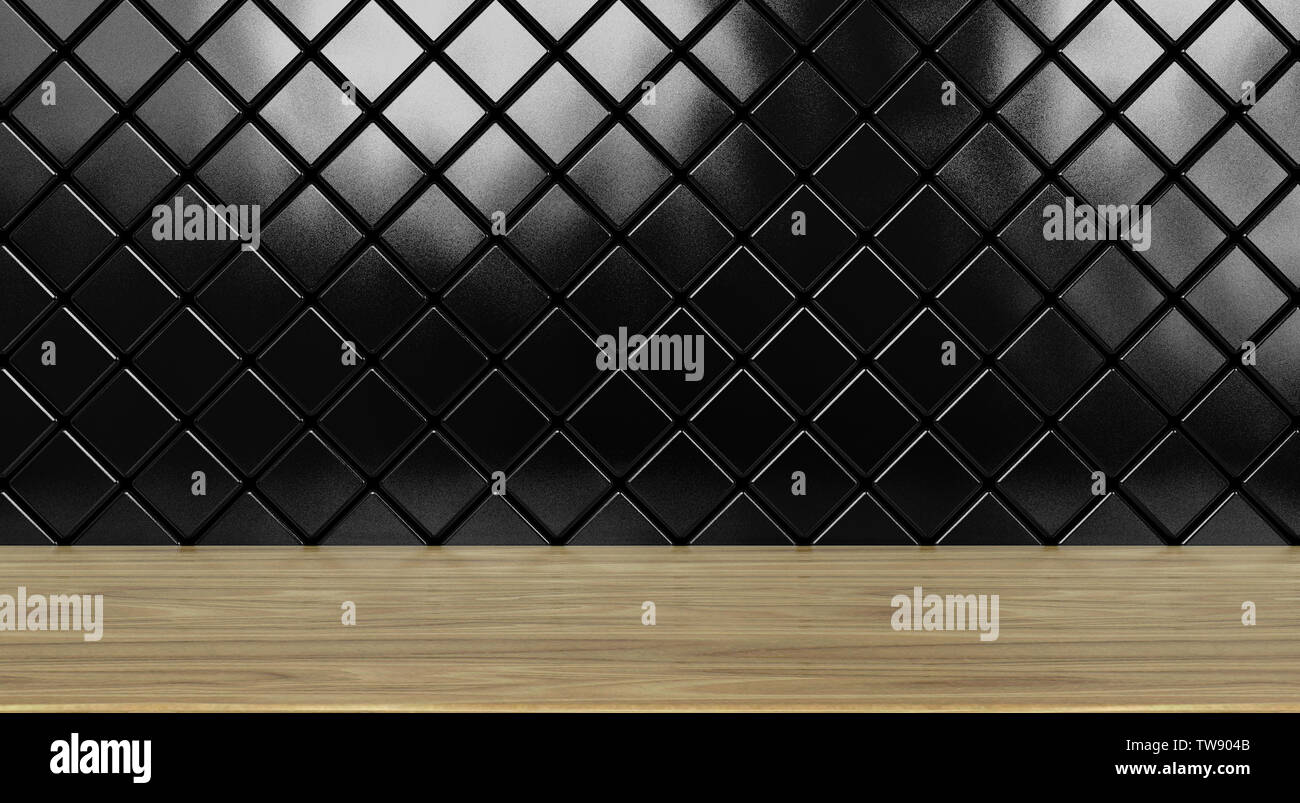 A front view of a regular cleared wooden shelf or surface on a wall tiled with diamond shaped black ceramics - 3D render Stock Photo