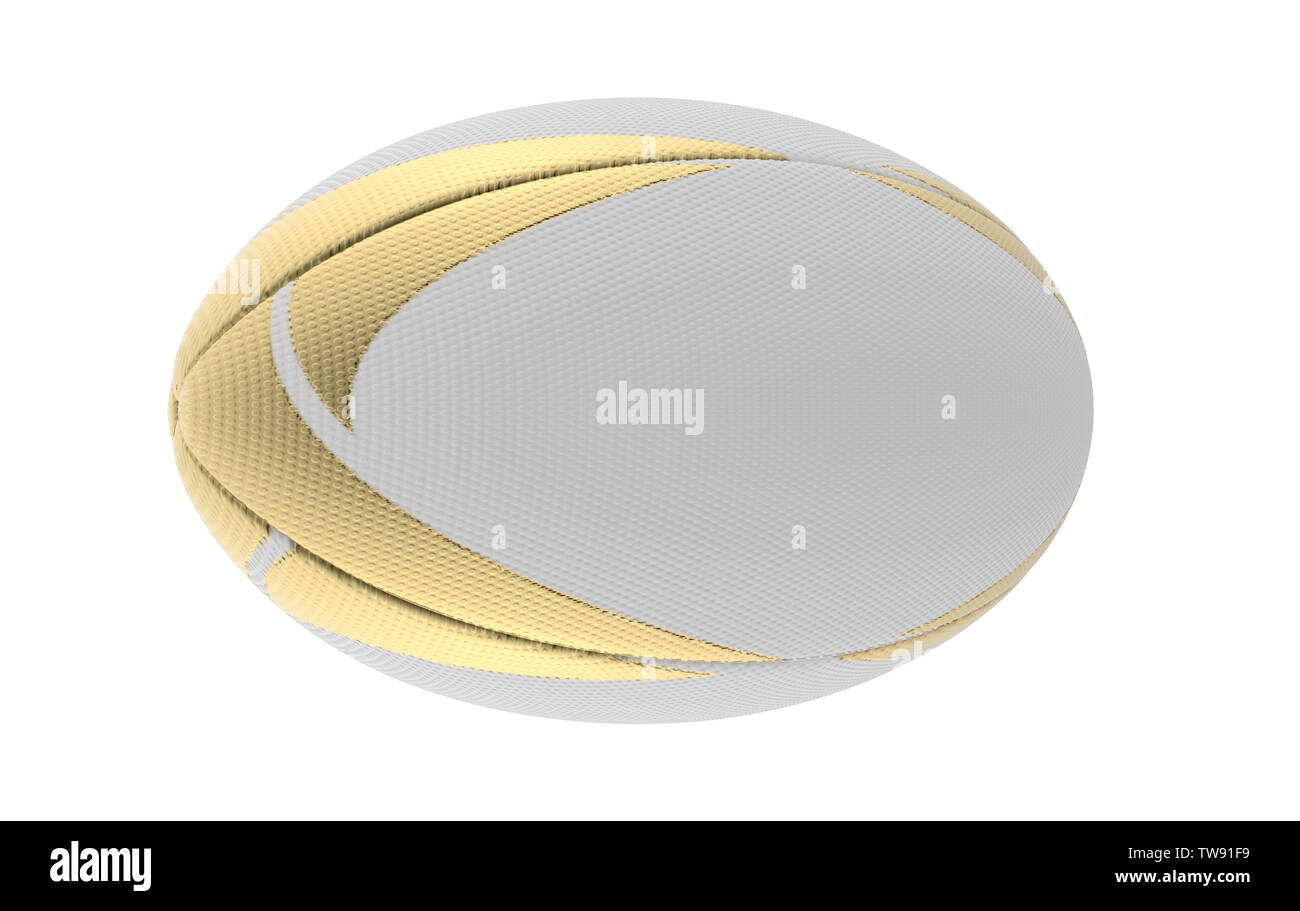 A white textured rugby ball with gold printed design elements in on a isolated white background - 3D render Stock Photo