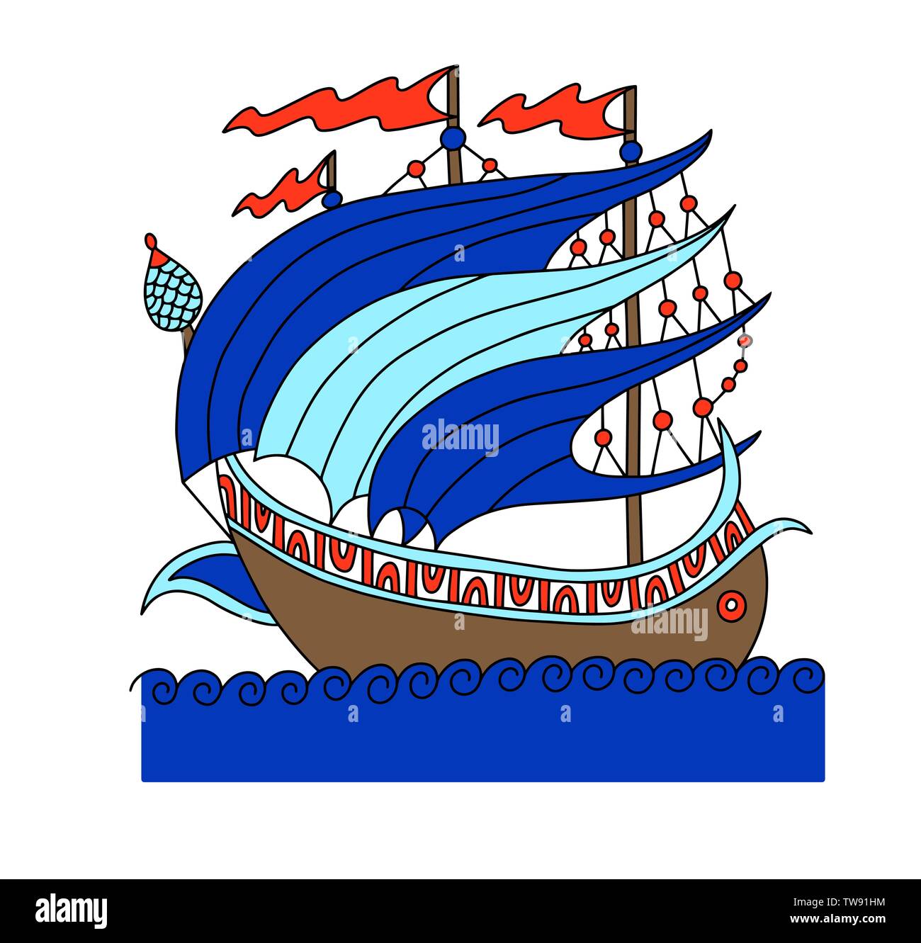 turkish ship decorative drawing in old fashion style, roman galleon  Stock Vector