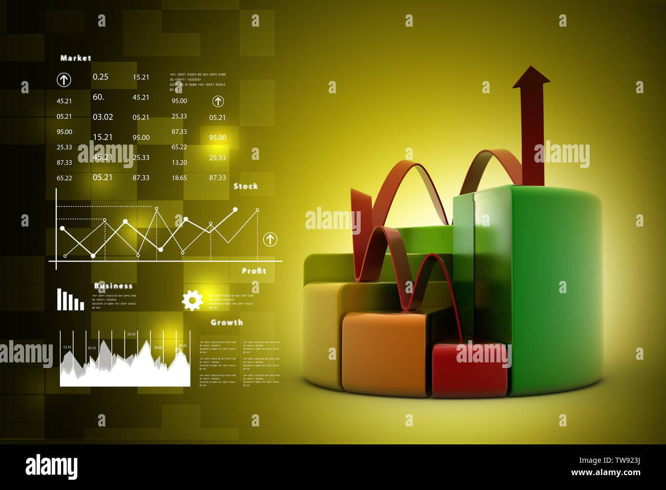 finance pie and bar chart graphs with growing arrow Stock Photo - Alamy