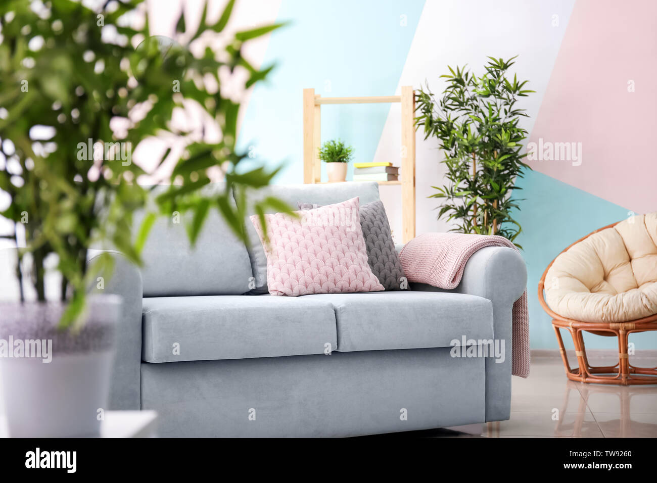 Living Room Interior With Comfortable Couch And Soft Pillows Stock