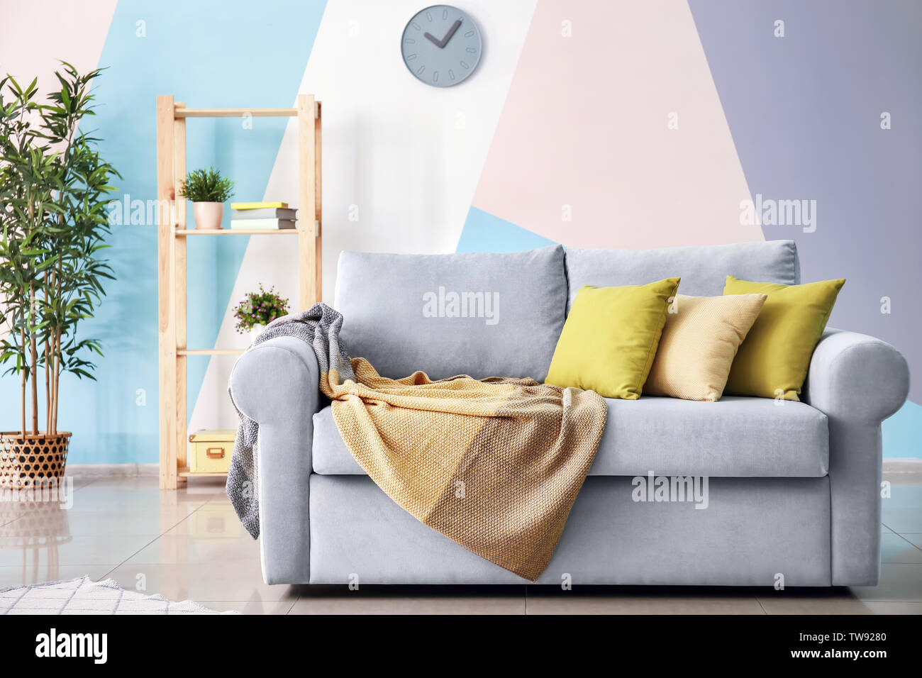 Living Room Interior With Comfortable Couch And Soft Pillows Stock
