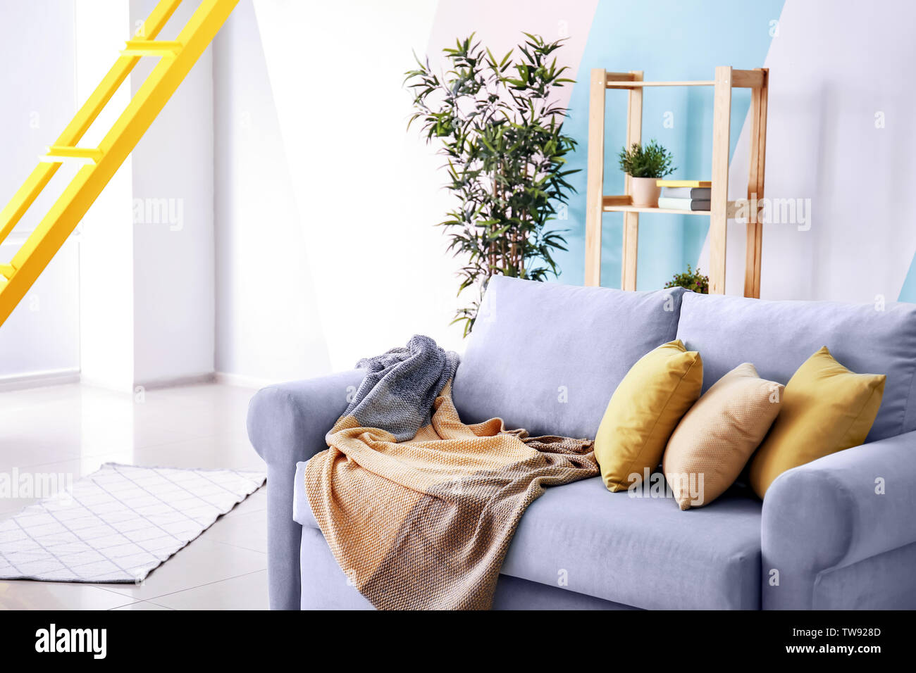 Living Room Interior With Comfortable Couch And Soft Pillows Stock