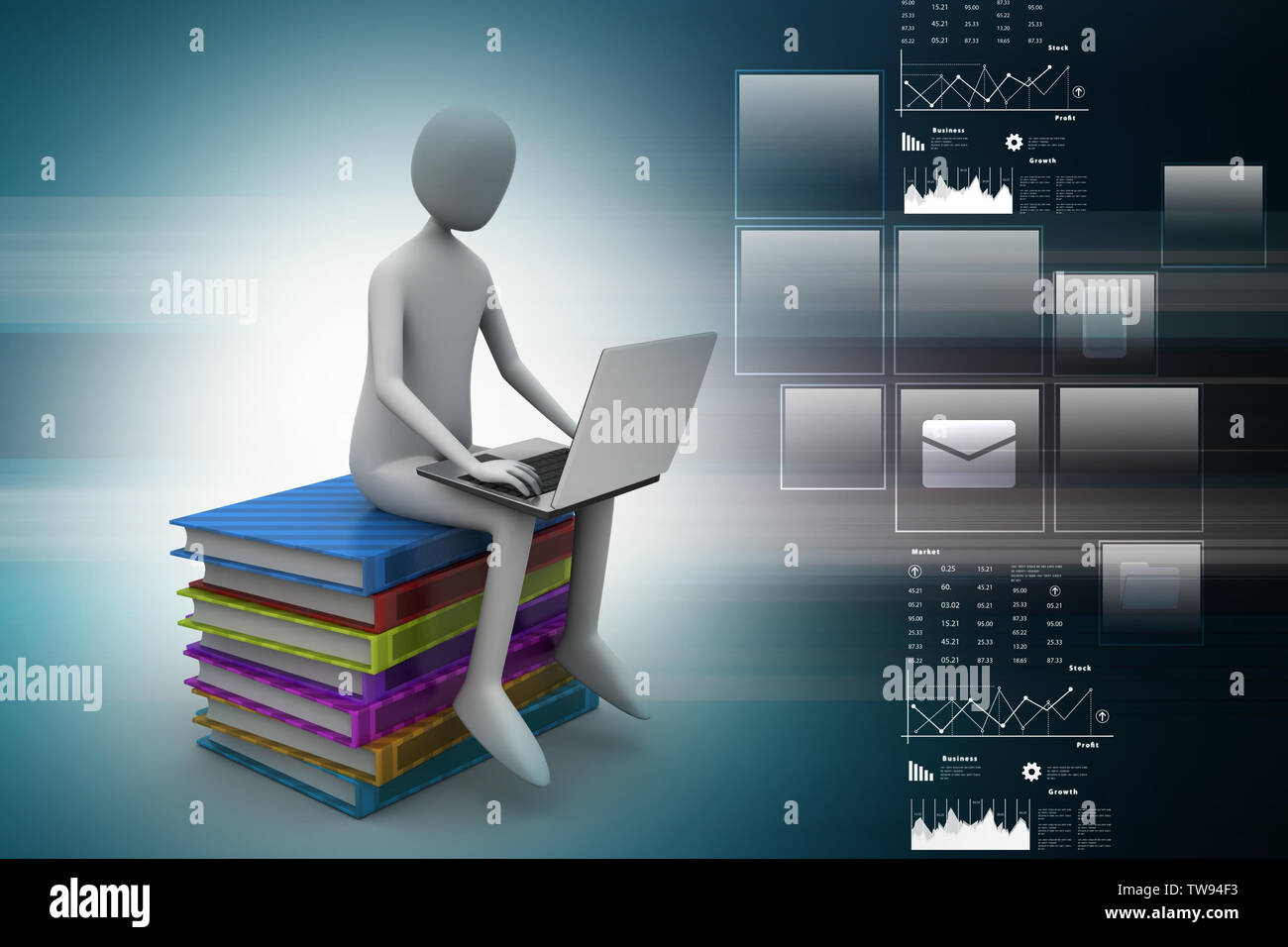 3d man sitting on books and working at his laptop Stock Photo - Alamy