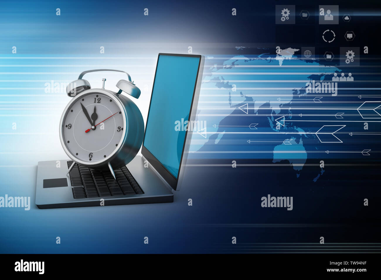 Laptop with alarm clock Stock Photo Alamy