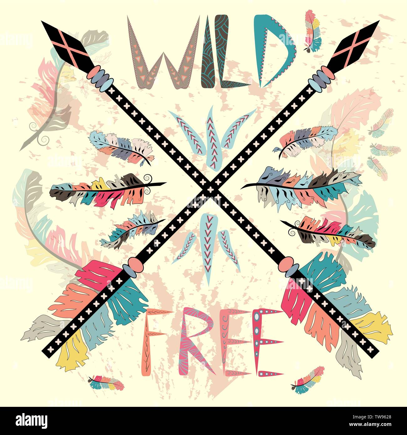 colorful illustration with crossed ethnic arrows, feathers and tribal ...