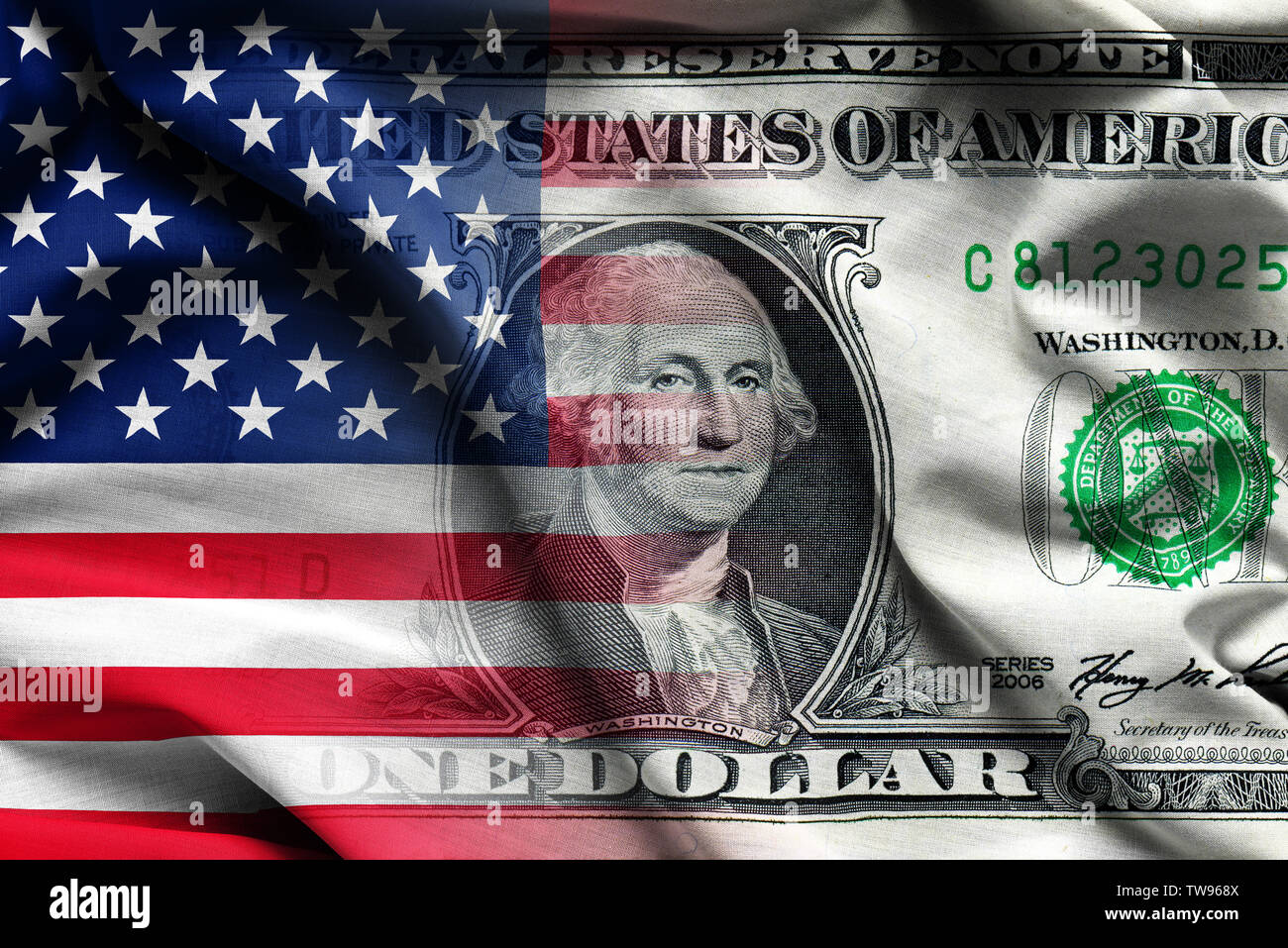 American Flag with one dollar banknote - waving fabric background, wallpapers, close-up Stock Photo