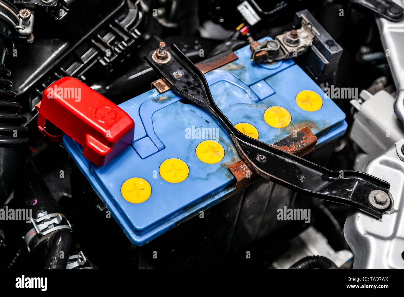 closeup new battery car in engine room. Internal combustion engine, car ...