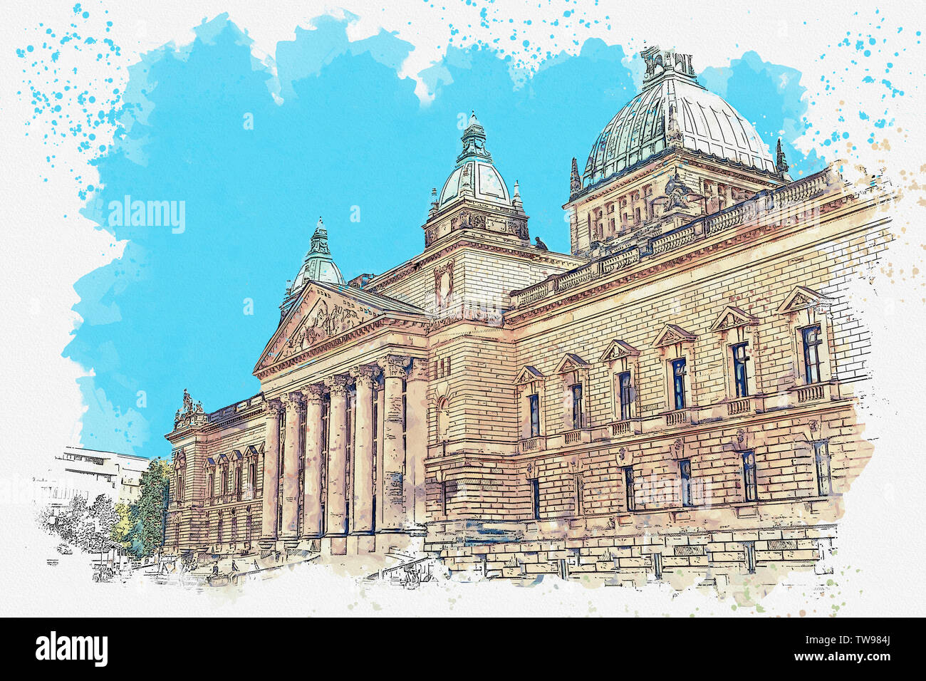 Watercolor sketch or illustration of a beautiful view of a traditional classical old building in Leipzig, Germany. Stock Photo