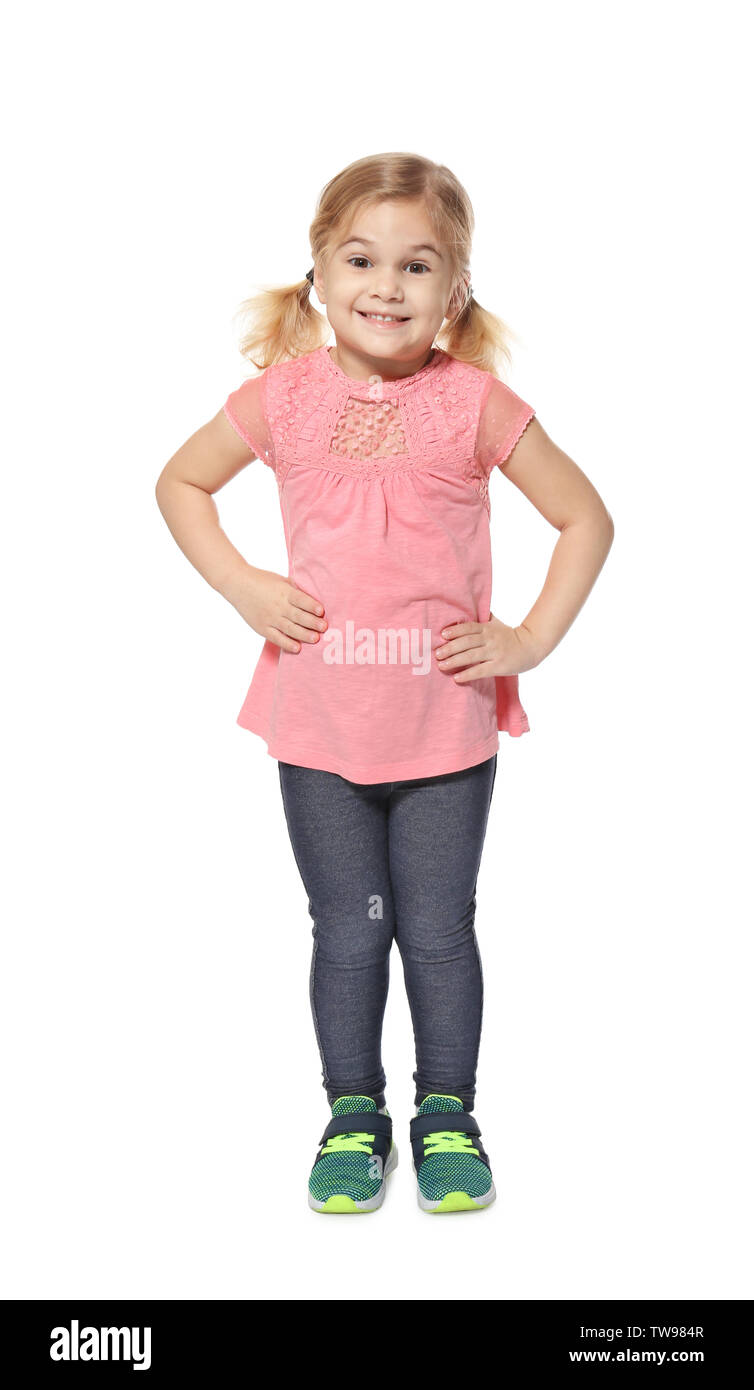Cute kindergarten girl on white background Stock Photo - Alamy