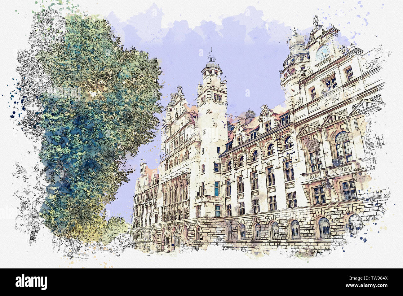 Watercolor sketch or illustration of a beautiful view of a traditional classical old building in Leipzig, Germany. Stock Photo