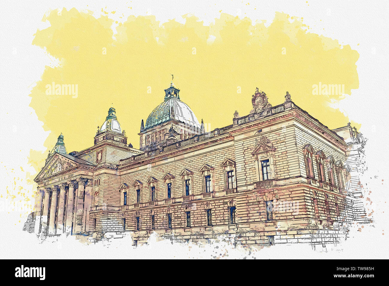 Watercolor sketch or illustration of a beautiful view of a traditional classical old building in Leipzig, Germany. Stock Photo