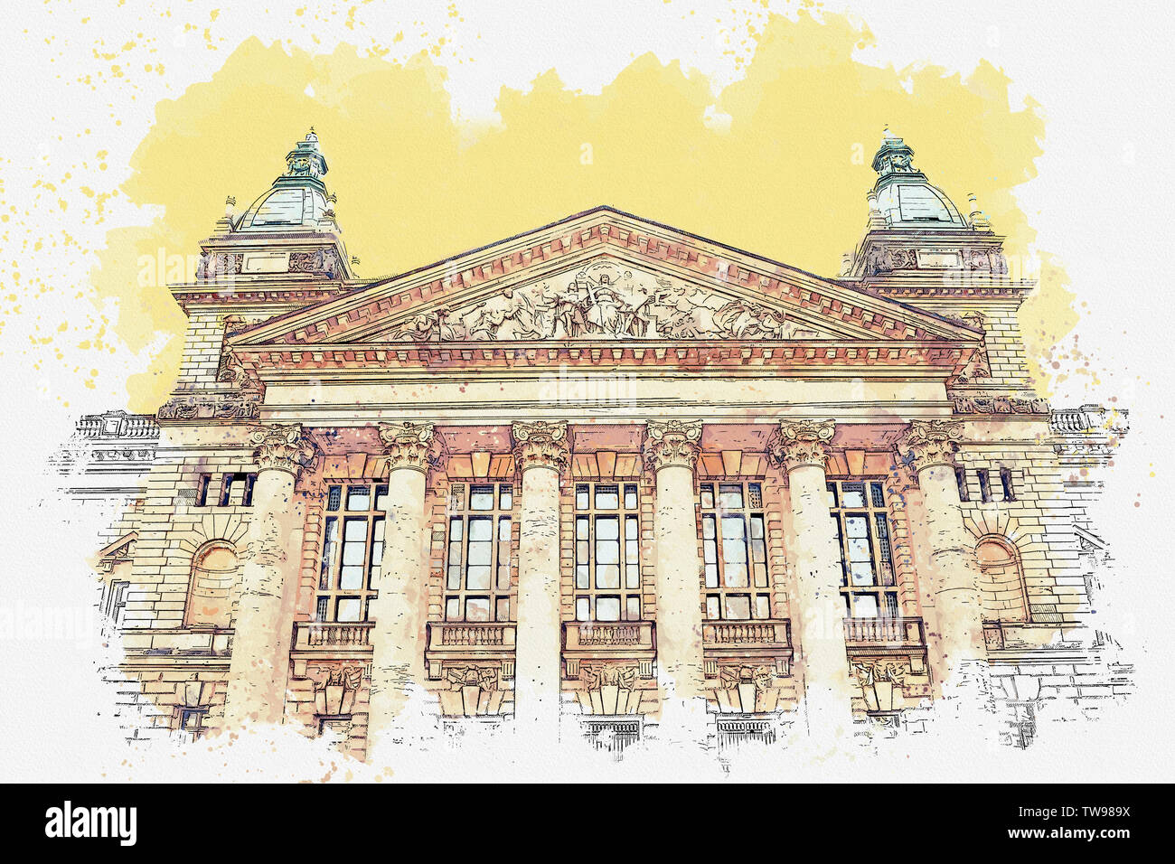 Watercolor sketch or illustration of a beautiful view of a traditional classical old building in Leipzig, Germany. Stock Photo