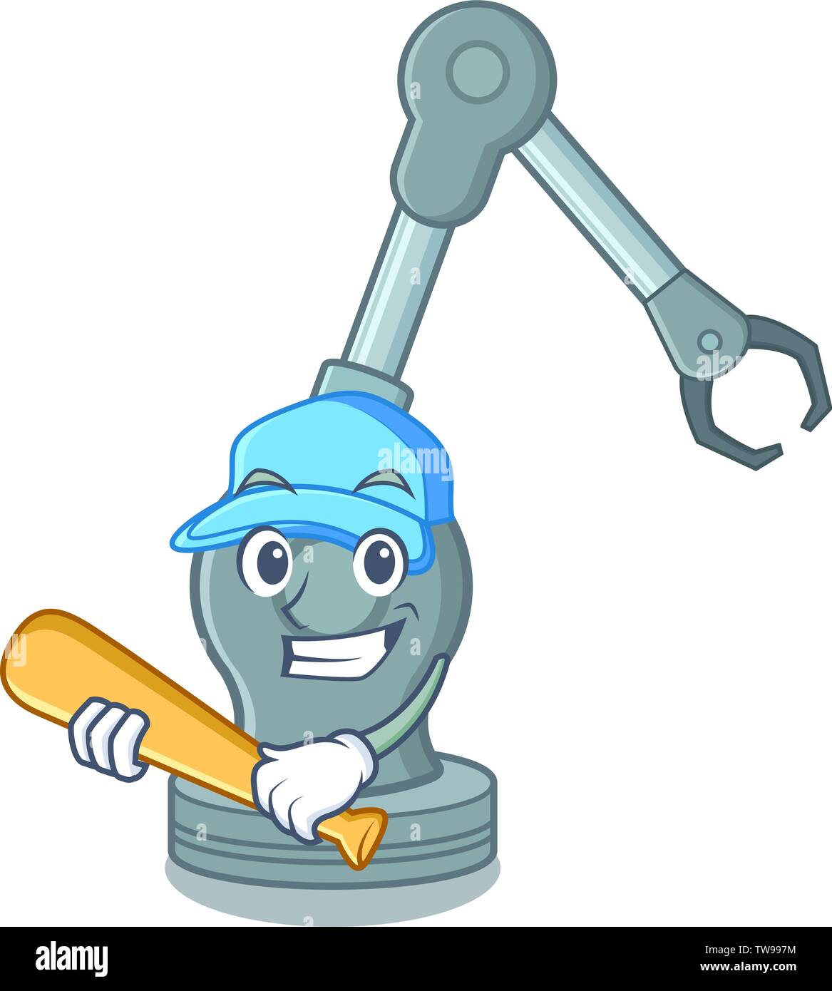 Playing baseball robotic arm machine isolated on character Stock Vector