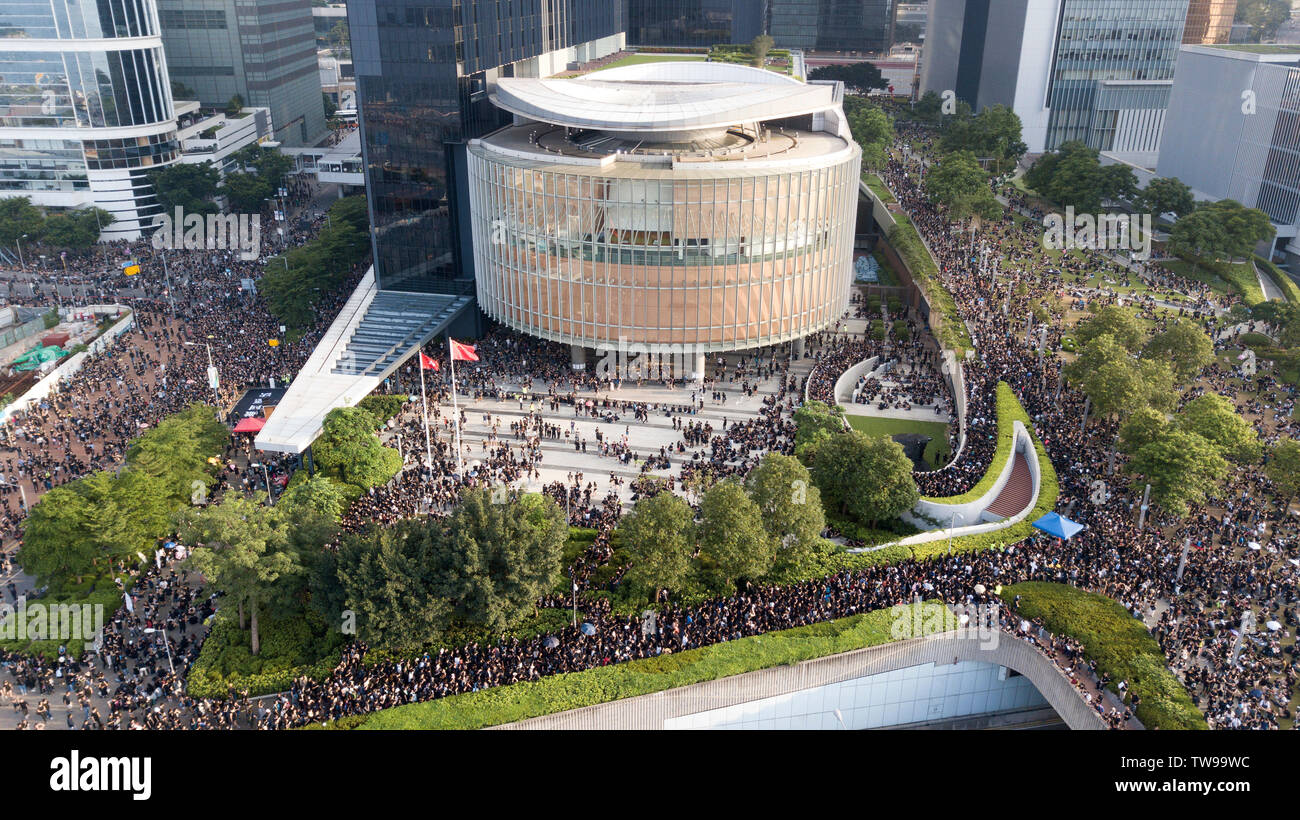 Aerial view of protesters marching in a mass protests rally from Victoria Park  to Government Complex in Hong Kong. Estimated 2 million people attended the anti extradition bill rally. (EDITORS NOTE: Image was taken with a Drone.) Stock Photo