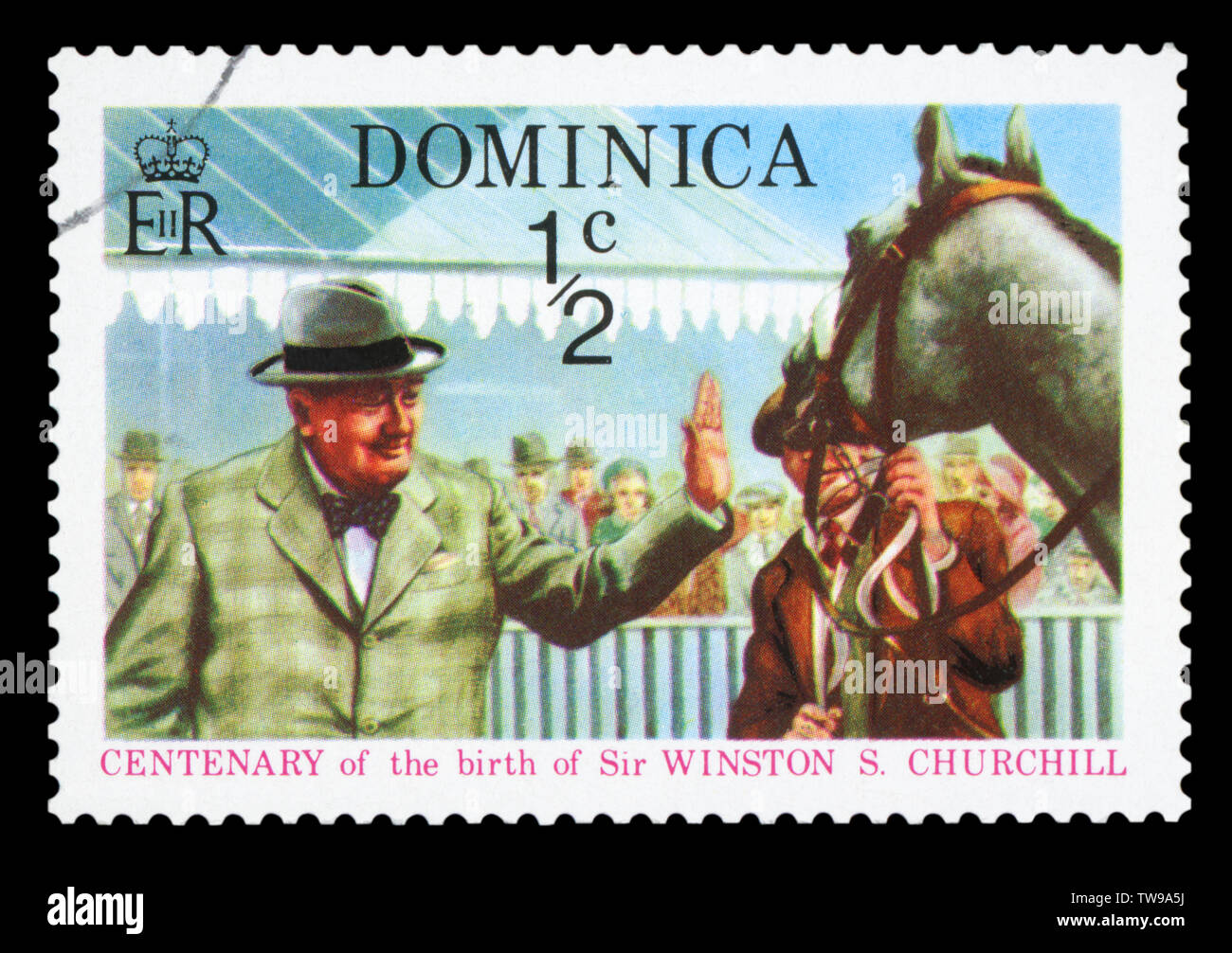 DOMINICA - CIRCA 2009 : A stamp printed in Dominica shows Winston Leonard Spencer Churchill at horse, circa 2009. Stock Photo