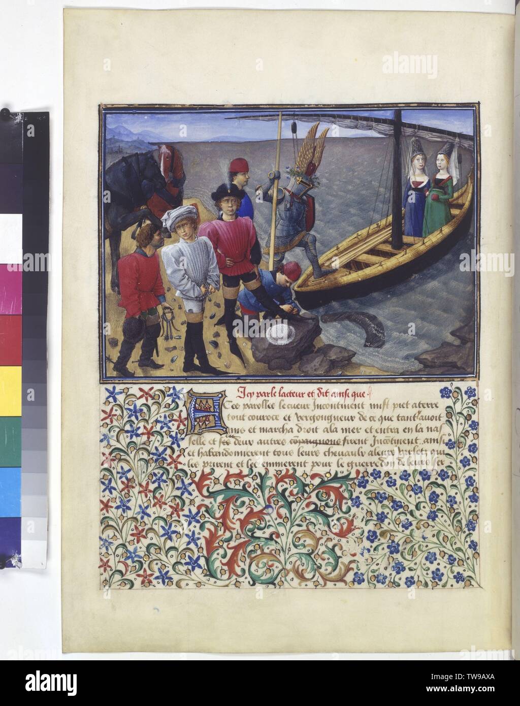 Livre du Cuer d'Amours Espris, codex 2597 folio 51 verso: full page: text with covering colour initial and ornate frame, above rimmed miniature (Cuer, Desir and Largesse rising at early afternoon in the boat of the Fiance and Attente), Additional-Rights-Clearance-Info-Not-Available Stock Photo
