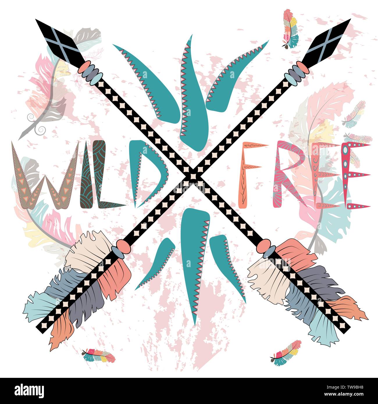 colorful illustration with crossed ethnic arrows, feathers and tribal ...