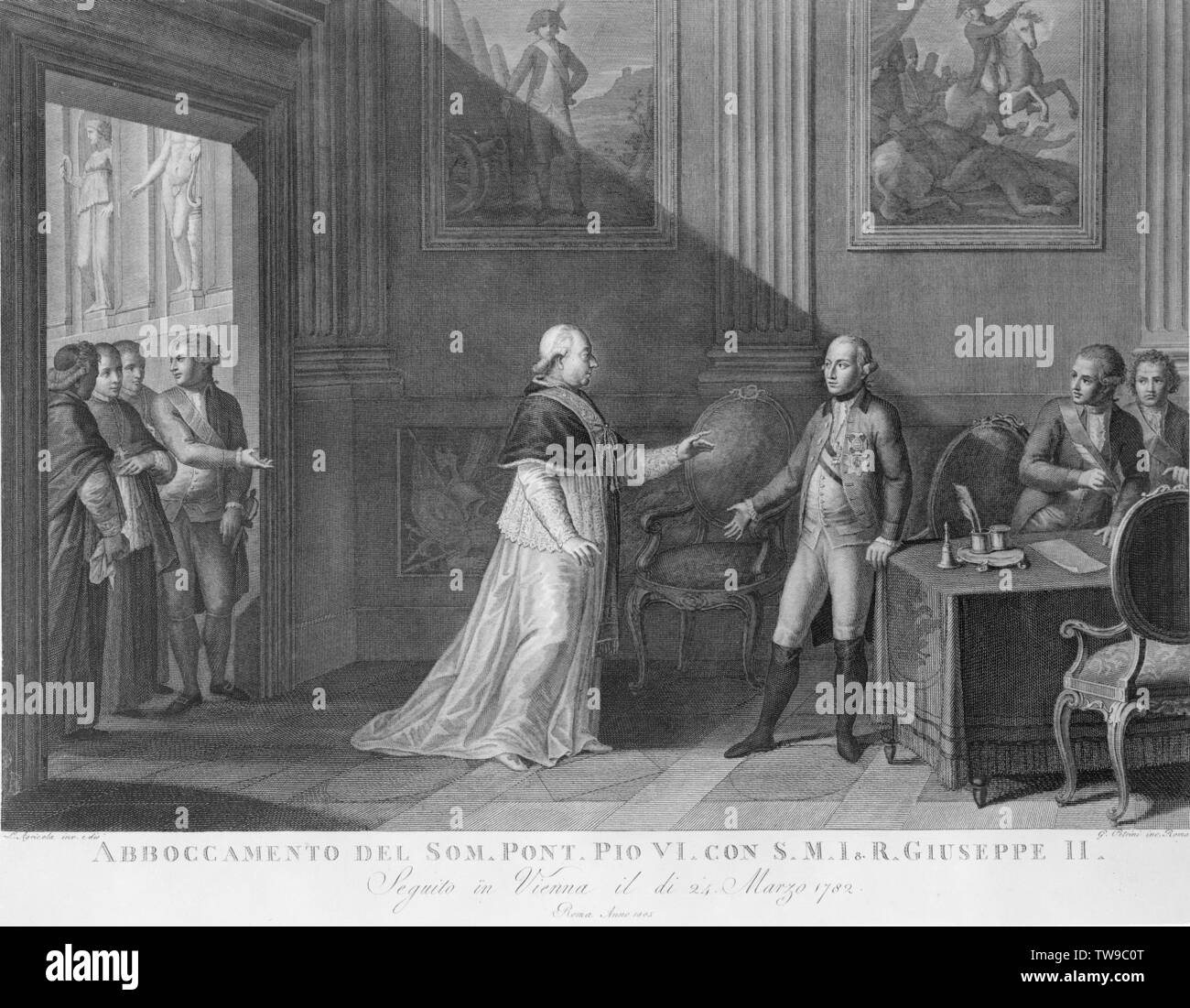 parley between Pope Pius VI and Emperor Joseph II in Vienna, drawing by Luigi Agricola, portrayed in the engraving by Giuseppe Petrini, Additional-Rights-Clearance-Info-Not-Available Stock Photo
